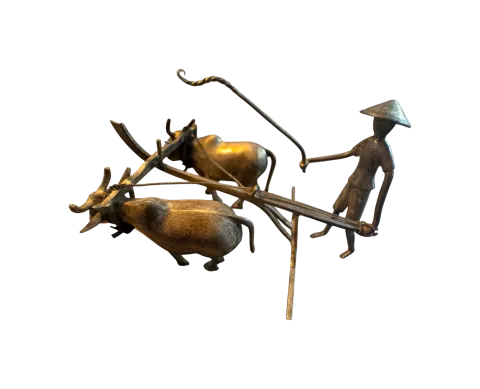 Oxen Plow Farmer Forged Figurine